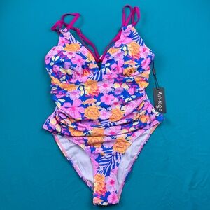 AI’MAGE Floral One Piece Swimsuit Tummy Control Cutout Halter Size S NWT